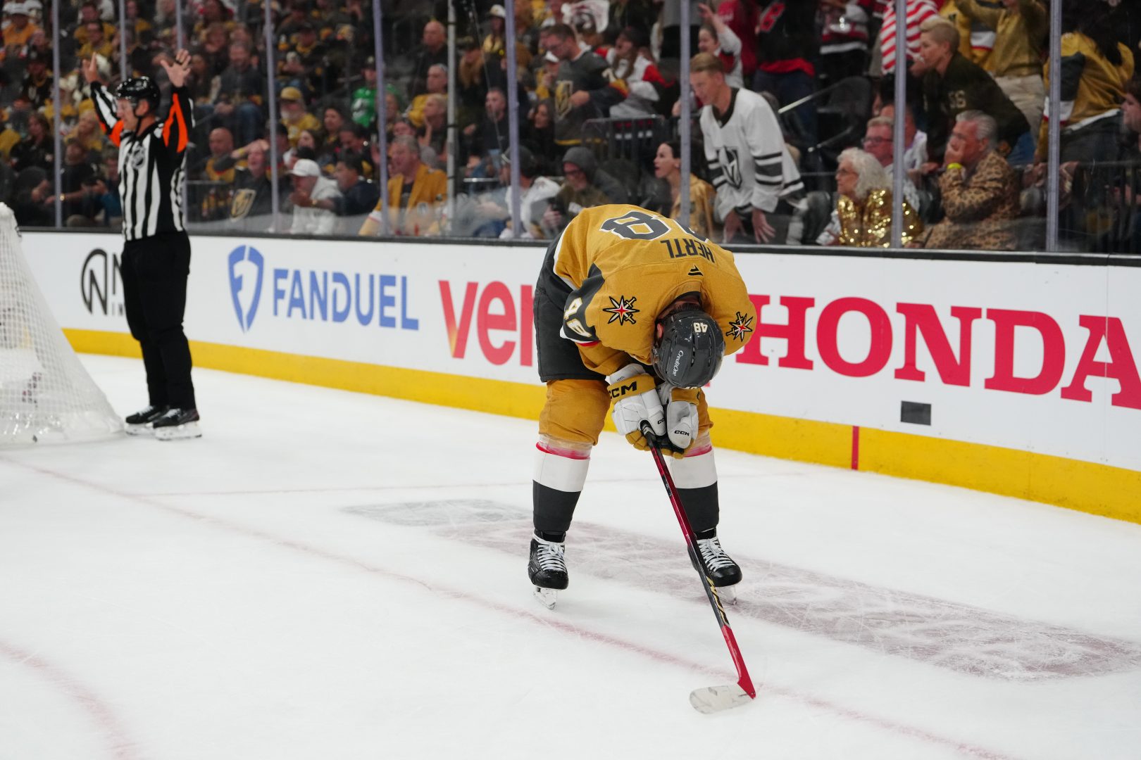 Vegas Golden Knights center Tomas Hertl reacts during the third period of Game 6 of the 2026 Stanley Cup Final against the Carolina Hurricanes at T-Mobile Arena.