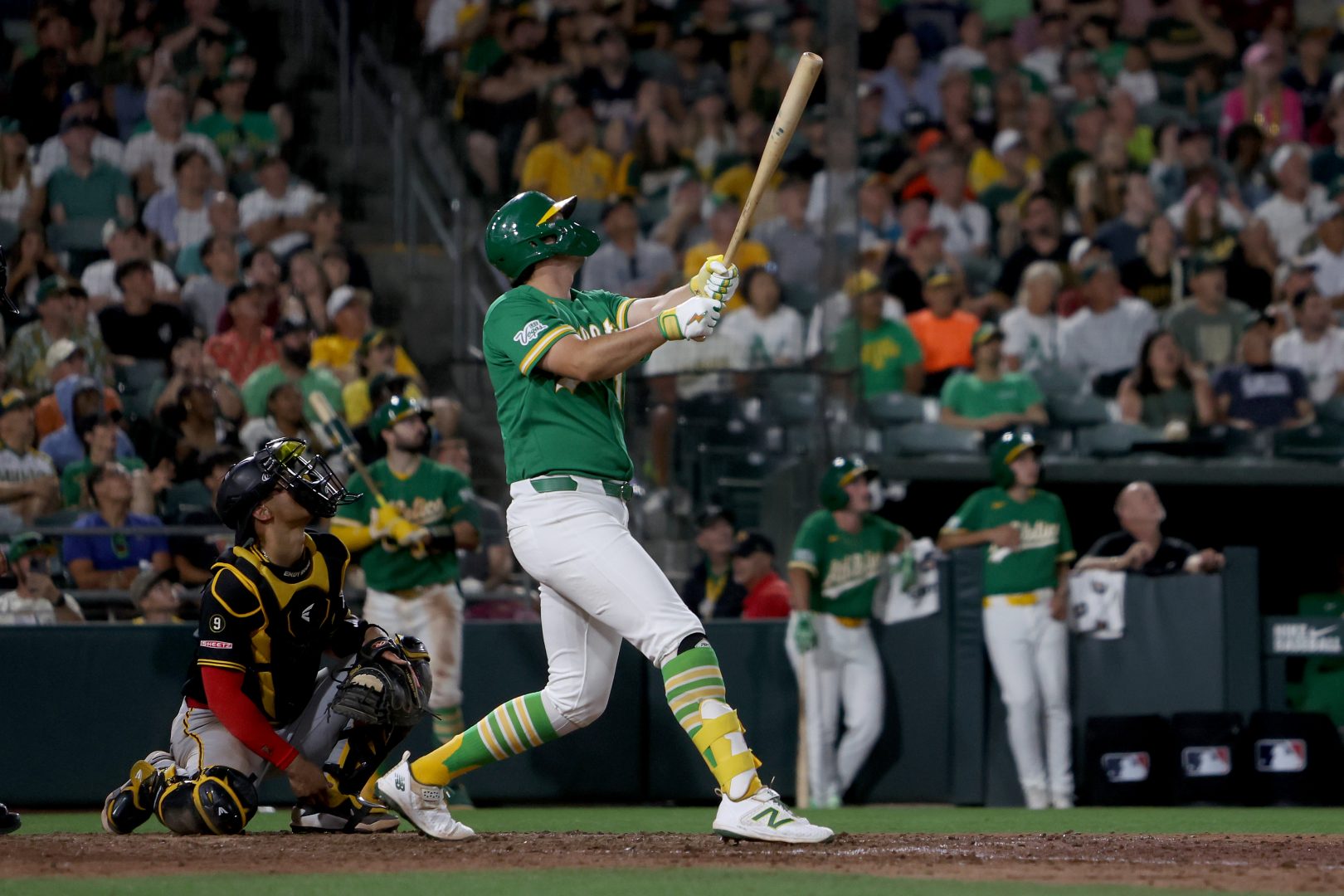 Athletics first baseman Nick Kurtz hits a three-run home run against the Pittsburgh Pirates at Sutter Health Park.
