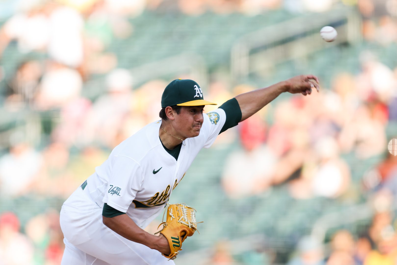 Athletics pitcher Gage Jump throws a pitch in the first inning against the Los Angeles Angels at Sutter Health Park.
