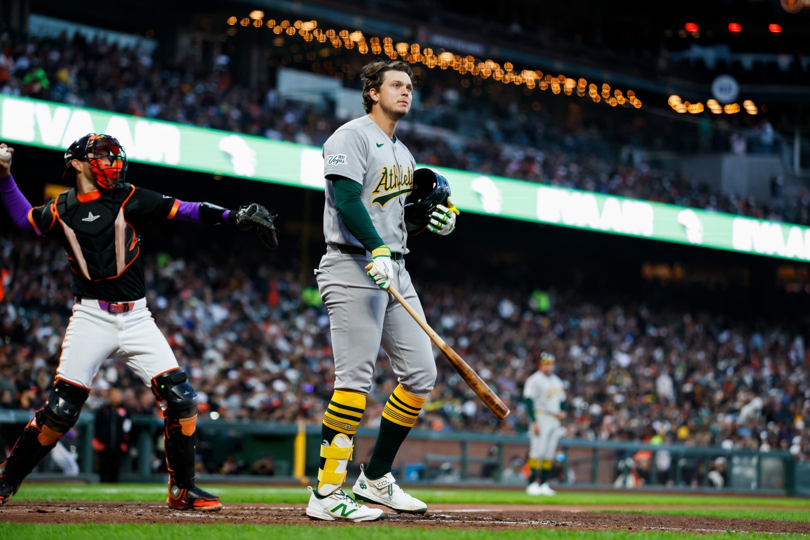 Athletics first baseman Nick Kurtz reacts after striking out against the San Francisco Giants at Oracle Park.