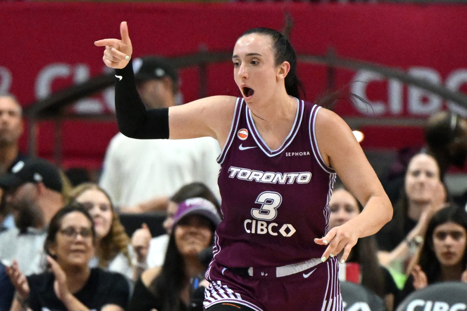Marina Mabrey reacts during Toronto’s win over Los Angeles after tying the WNBA single-game scoring record with 53 points.