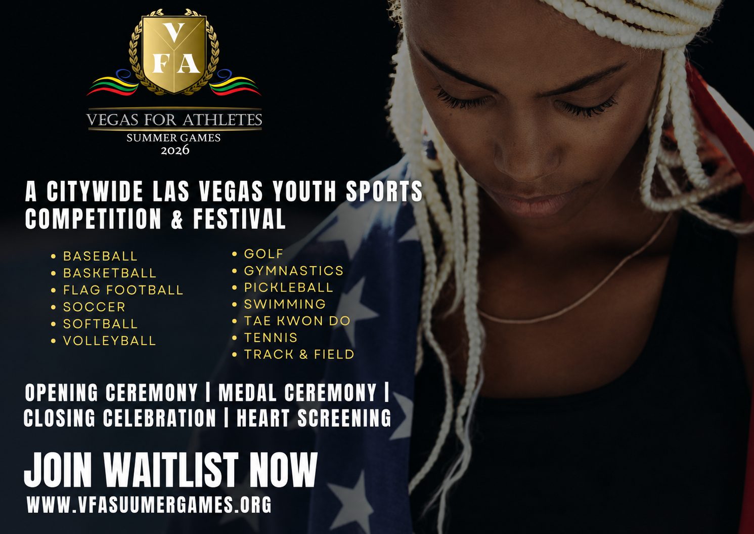 Vegas for Athletes Summer Games 2026 flyer promoting a citywide Las Vegas youth sports competition and festival with heart screening and multiple sports listed