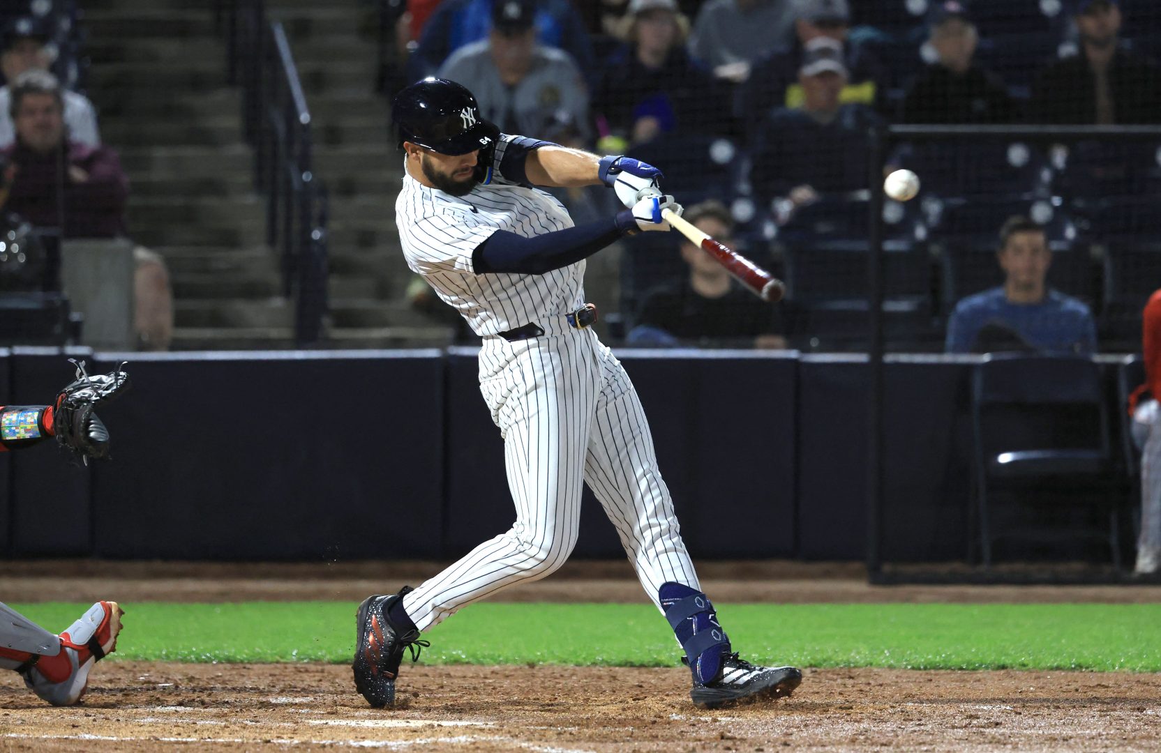 Jonathan Ornelas hits an RBI single for the New York Yankees during a spring training game against the Washington Nationals.