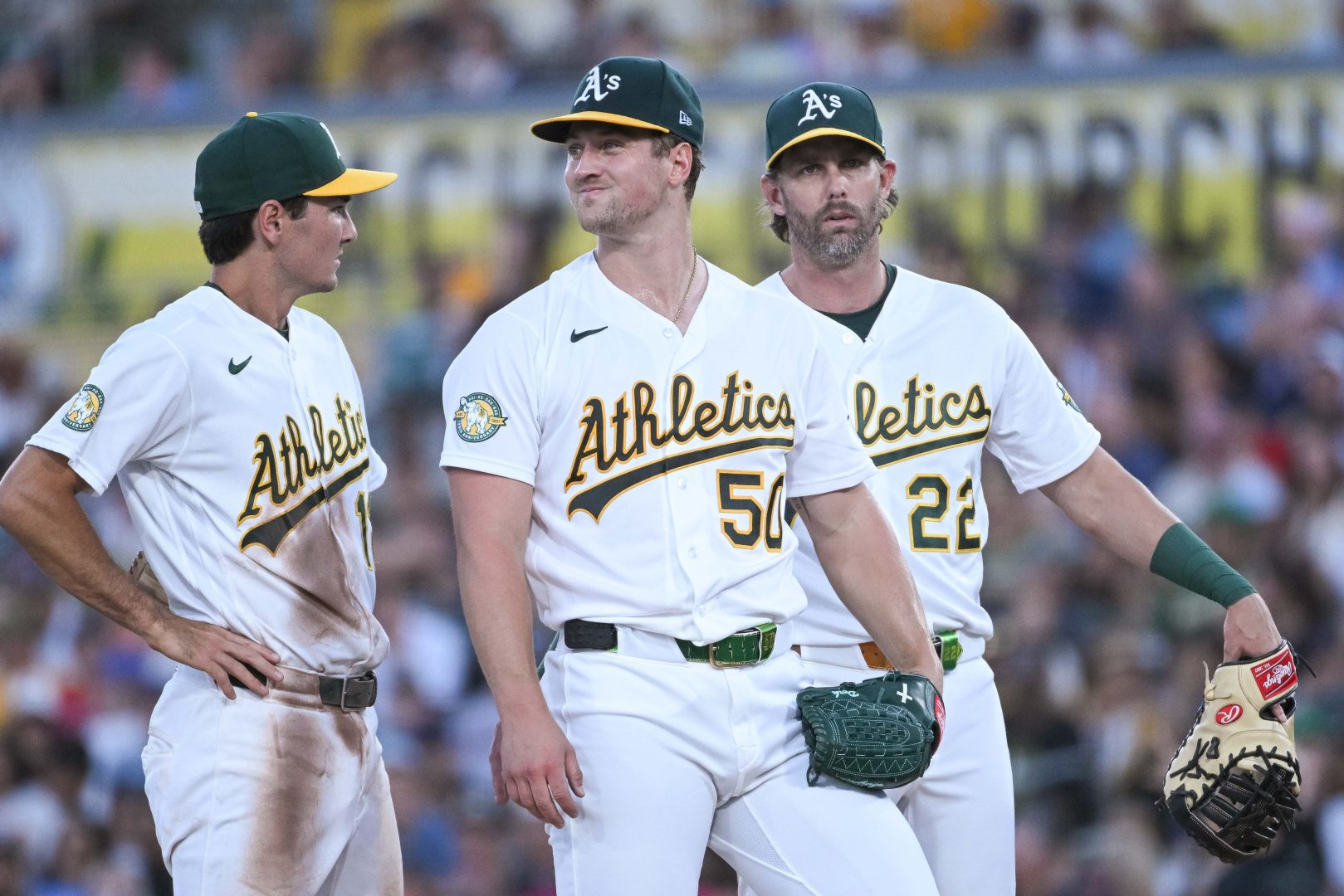 Athletics pitcher Jack Perkins reacts after being removed in the sixth inning against the Boston Red Sox.