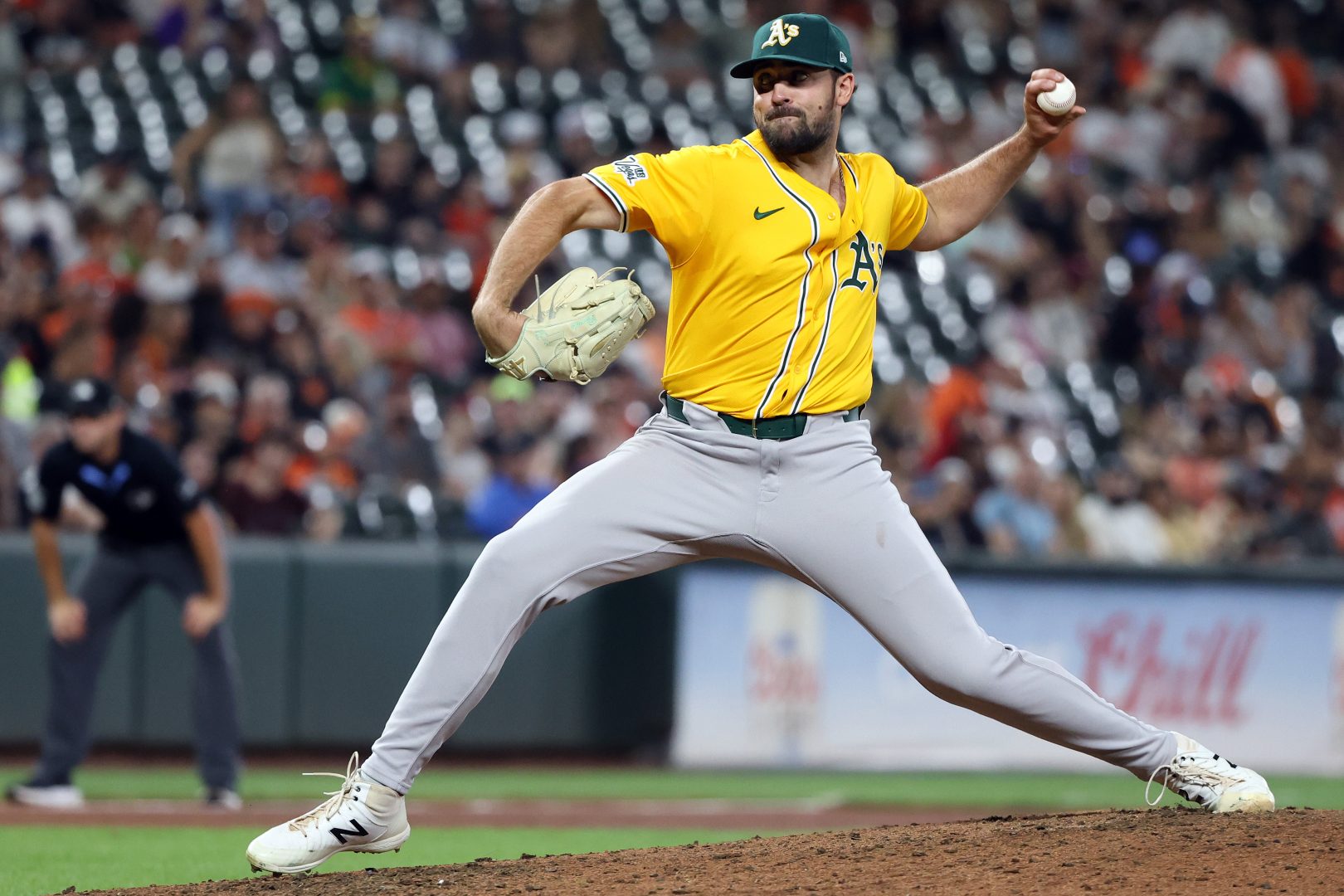 Ben Bowden delivers a pitch during a previous Major League appearance with the Oakland Athletics against the Baltimore Orioles at Oriole Park at Camden Yards. Bowden tossed a scoreless eighth inning for the Las Vegas Aviators in a 4-0 loss to the Salt Lake Bees.