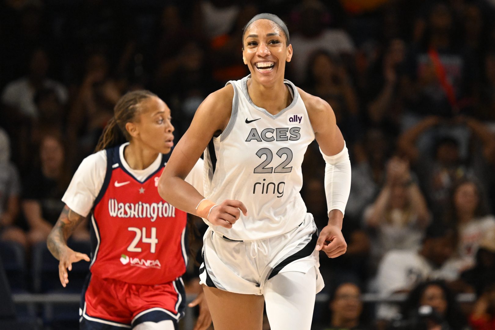 Las Vegas Aces center A'ja Wilson smiles after a basket against the Washington Mystics at CareFirst Arena