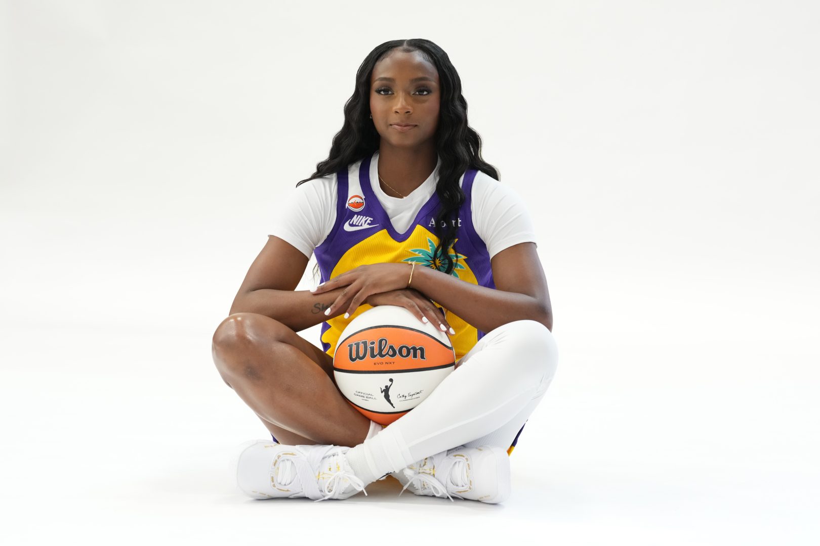 LA Sparks guard Ta’Niya Latson poses during media day at El Camino College.