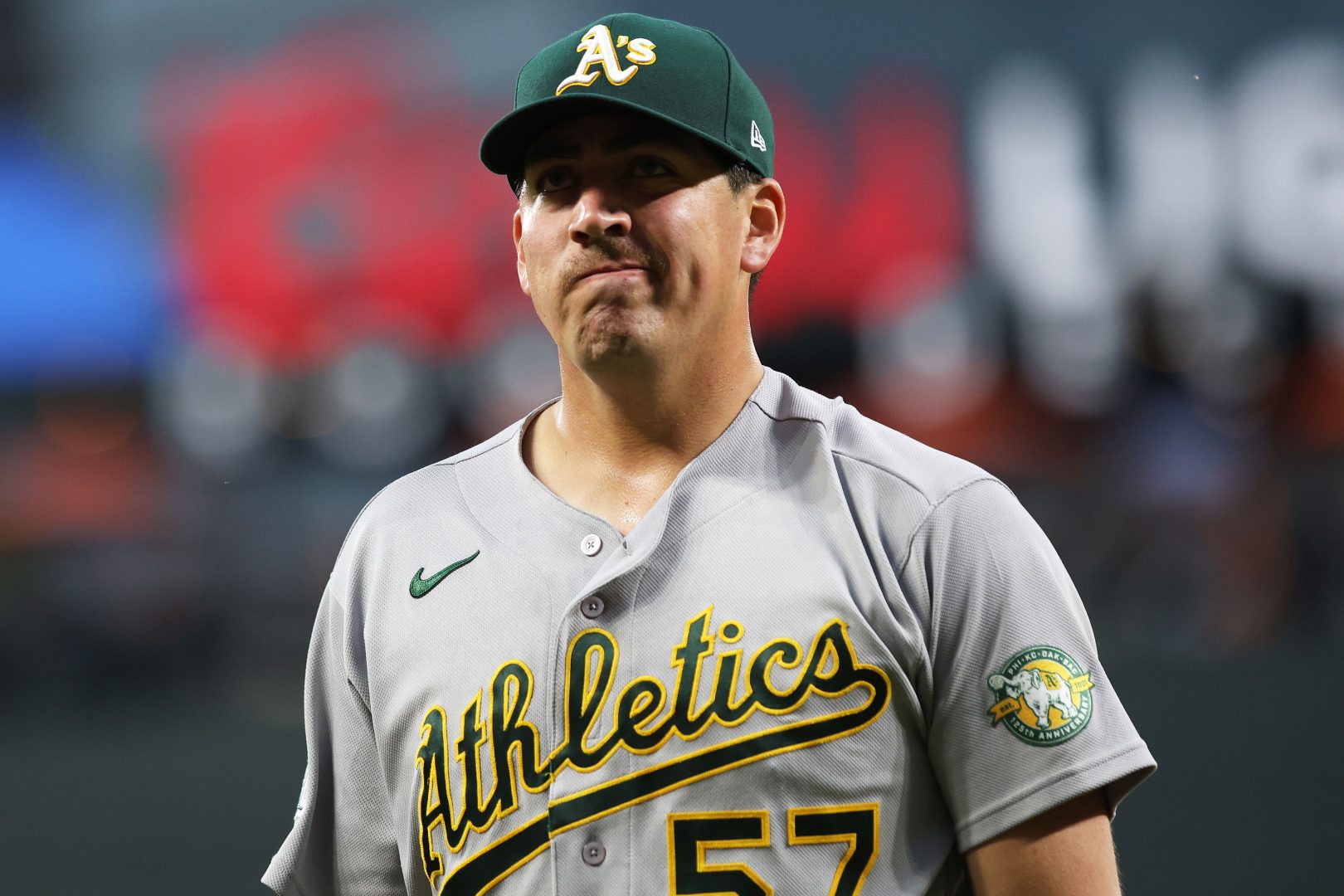 Athletics pitcher Jacob Lopez looks toward home plate during a game against the Baltimore Orioles at Oriole Park at Camden Yards. Lopez earned his second straight win Thursday after allowing one run over 5 1/3 innings in the Las Vegas Aviators' 8-4 victory over the Salt Lake Bees.