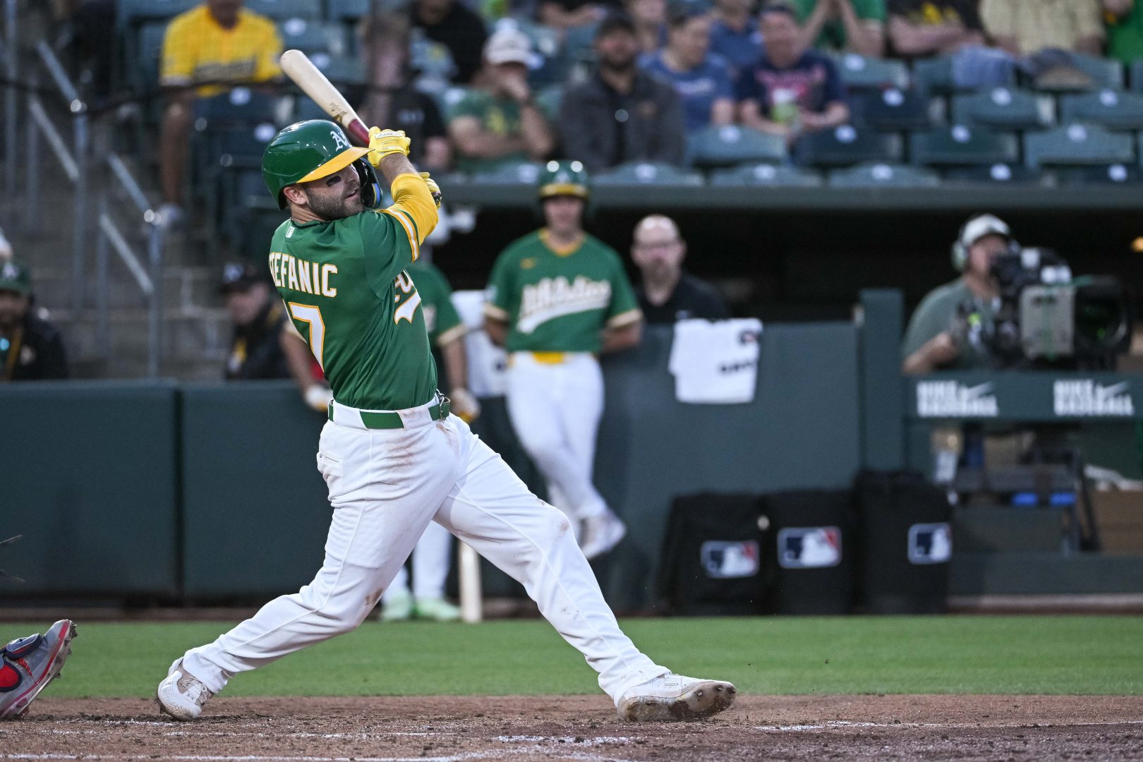 Athletics infielder Michael Stefanic swings through a base hit during a game against the St. Louis Cardinals at Sutter Health Park. Stefanic later went 3-for-4 with a home run and three RBIs for the Las Vegas Aviators against Tacoma.