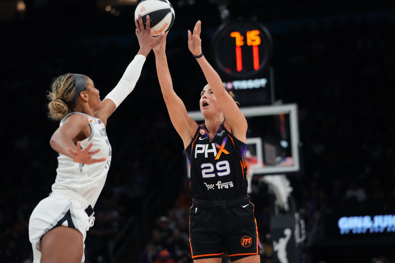 Phoenix Mercury guard Jovana Nogic has her shot blocked by Las Vegas Aces center A’ja Wilson during a June 17 game in Phoenix.