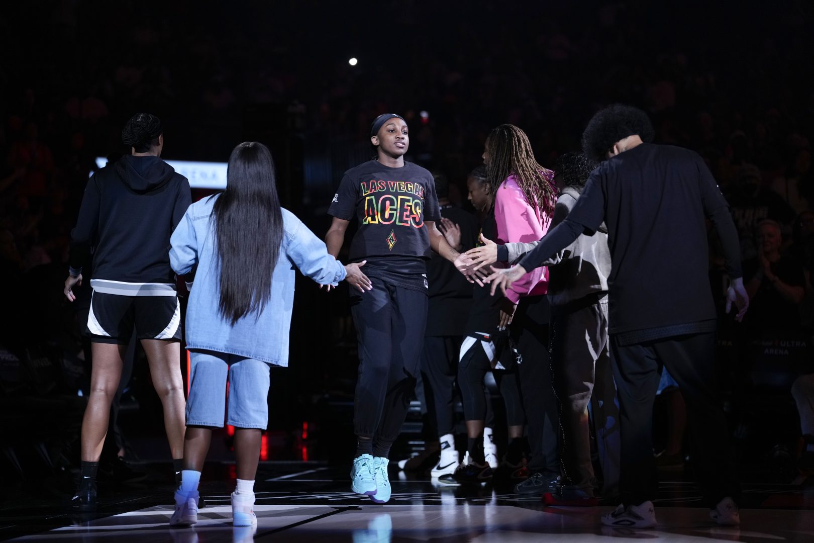 Las Vegas Aces guard Jackie Young stands during player introductions before a game against the Golden State Valkyries.