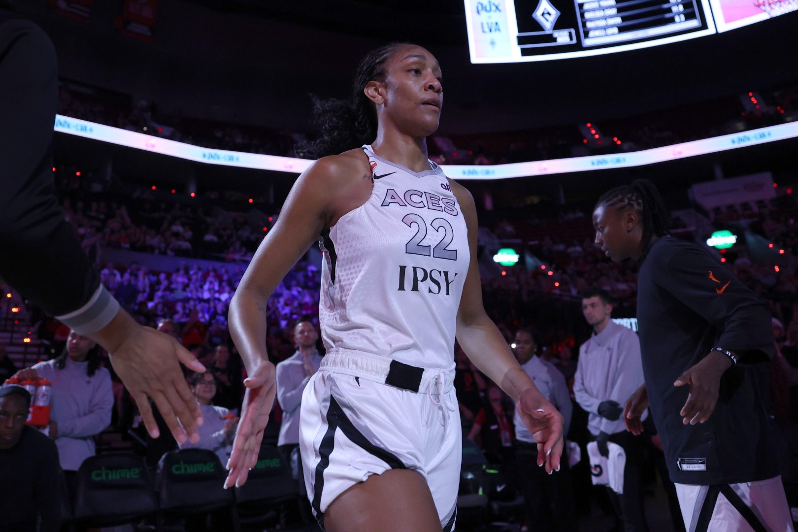 Las Vegas Aces center A'ja Wilson is introduced before a game against the Portland Fire at Moda Center