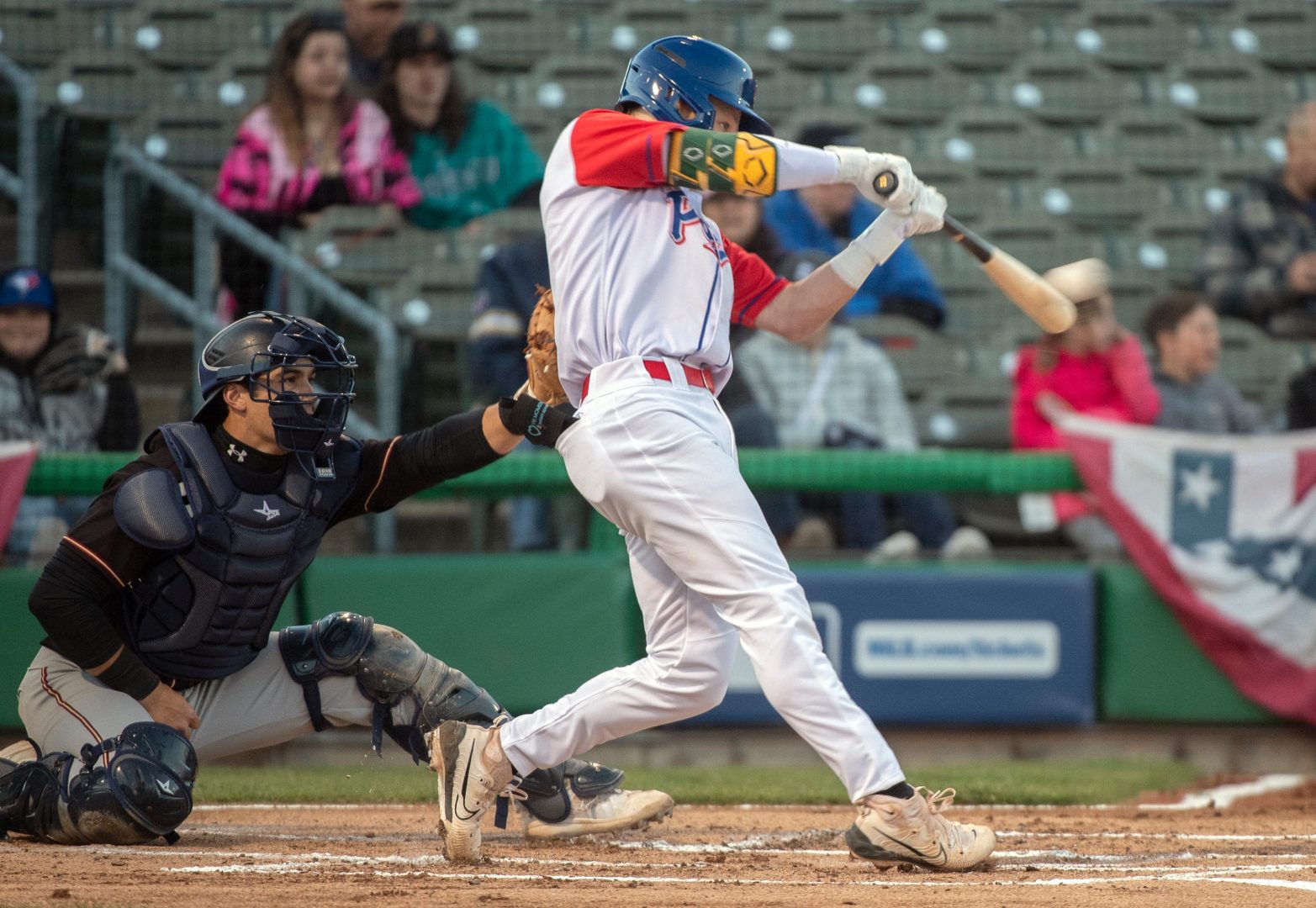 Stockton Ports catcher Cole Conn hits a single against the Modesto Nuts
