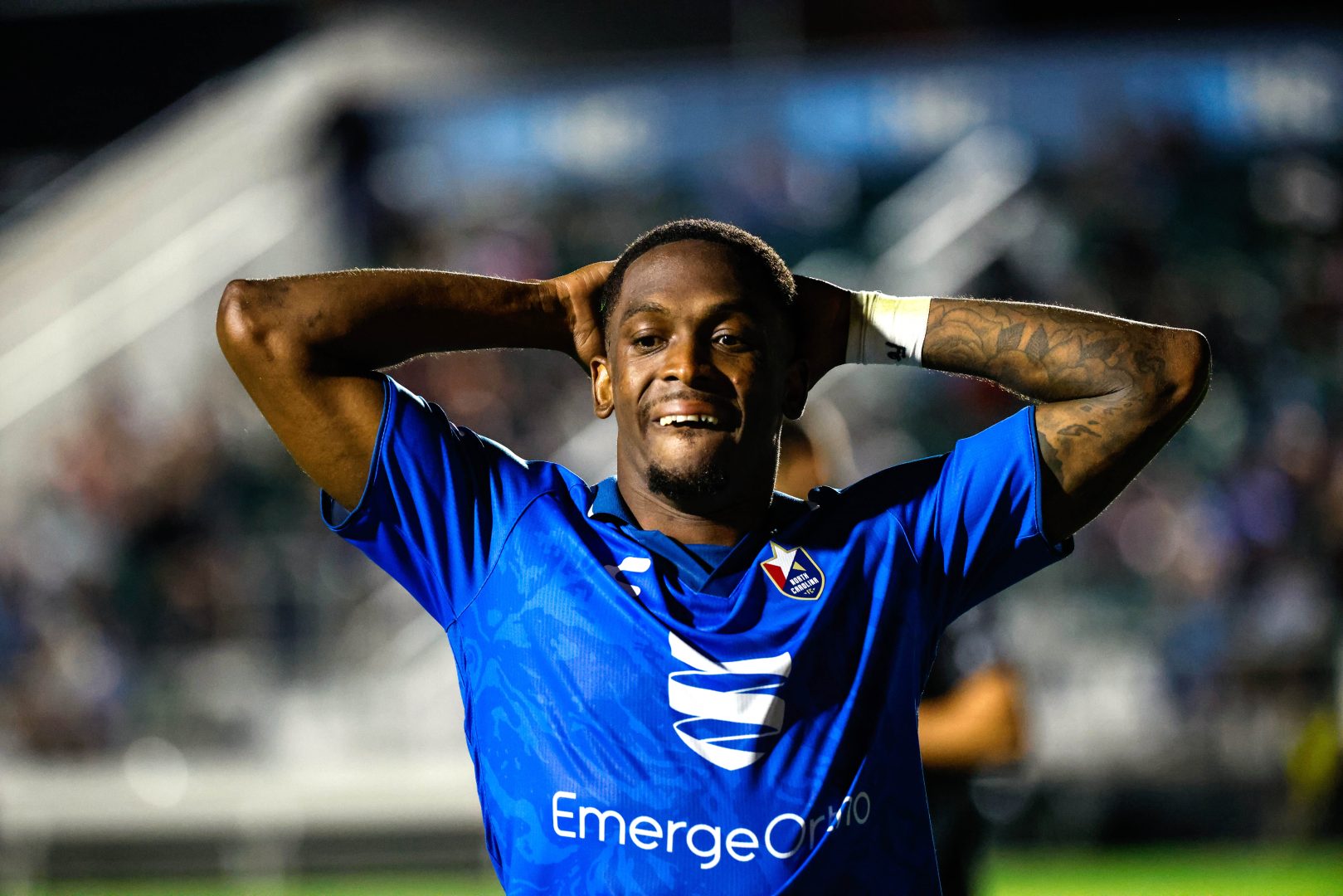 North Carolina FC forward Oalex Anderson Jr. reacts during a match against Charlotte FC