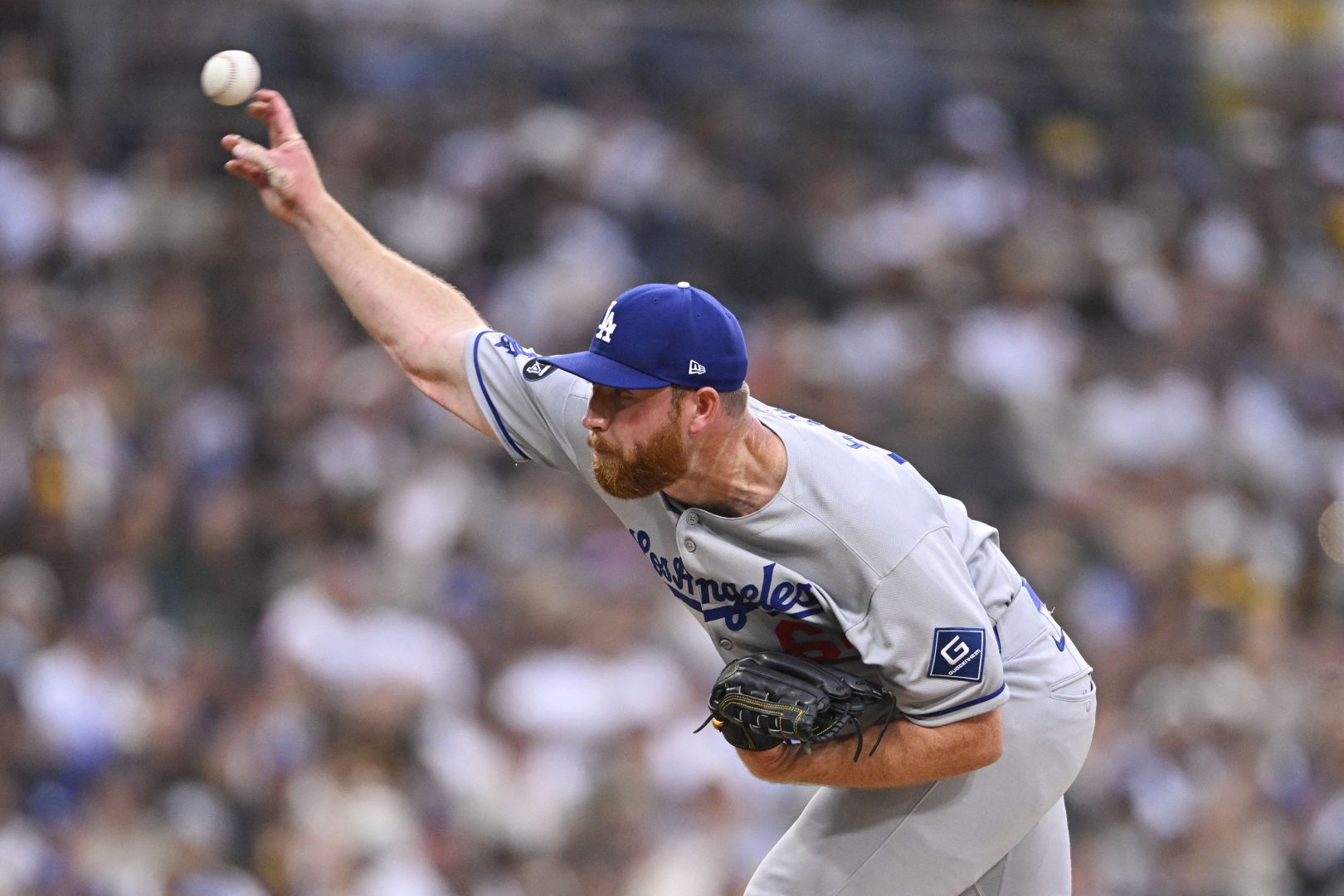 Matt Sauer pitches for the Los Angeles Dodgers against the San Diego Padres