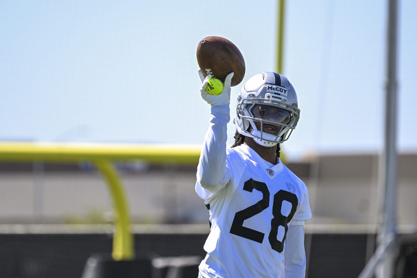 Las Vegas Raiders cornerback Jermod McCoy practices during organized team activities in Henderson