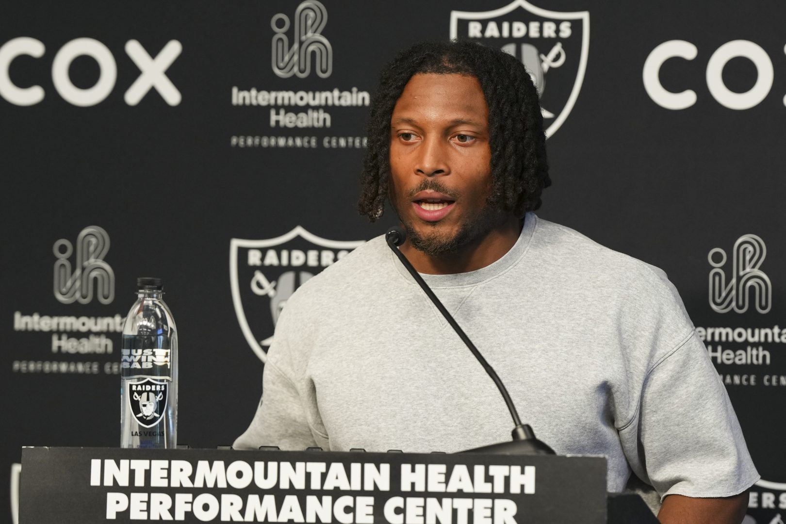 Raiders wide receiver Tre Tucker speaks during a news conference at Intermountain Health Performance Center.