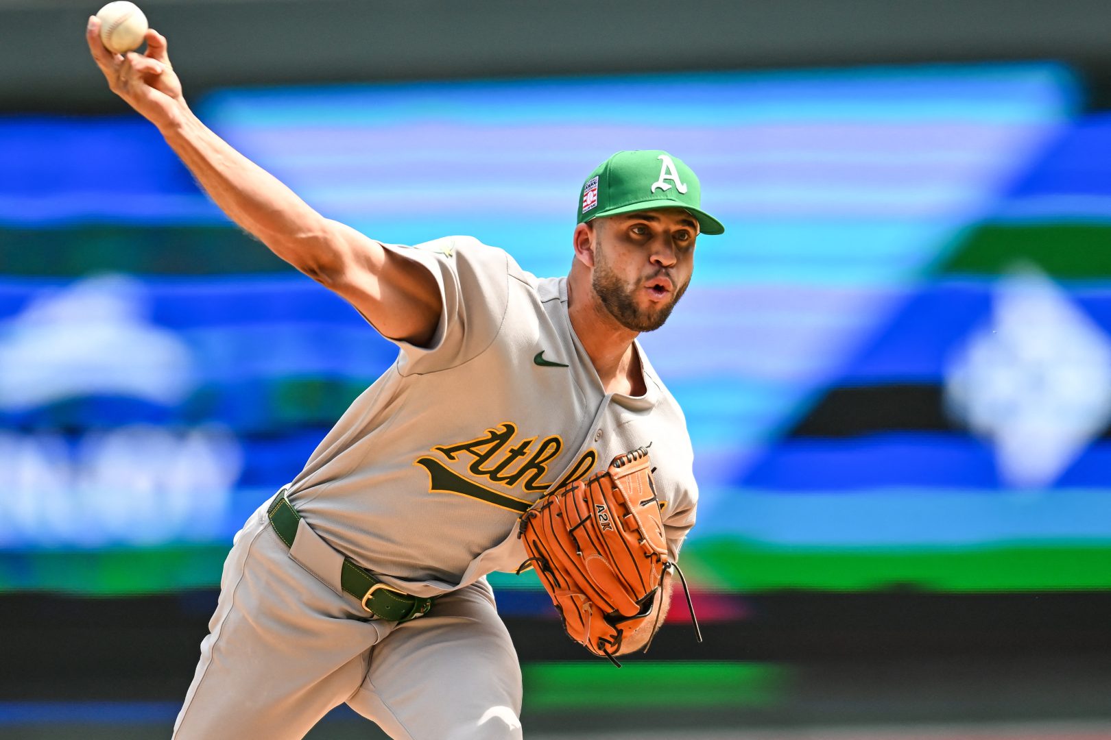 Athletics pitcher Luis Morales throws against the Minnesota Twins
