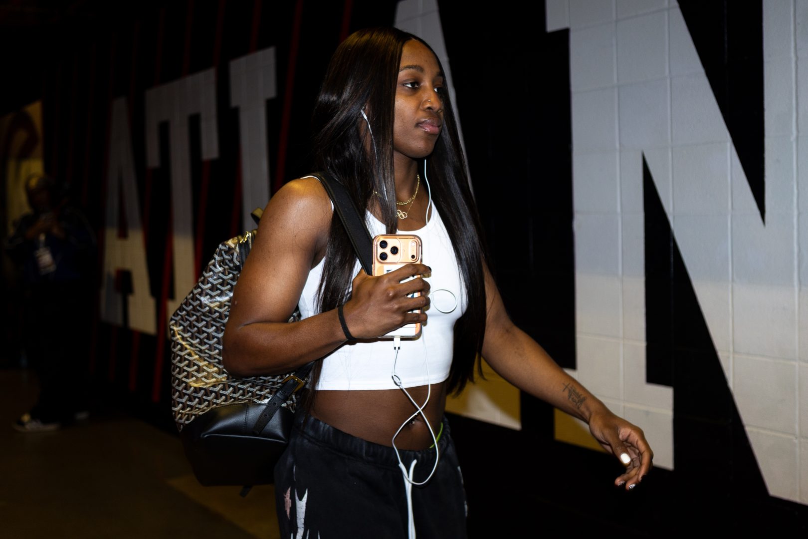 Jackie Young arrives at State Farm Arena before posting a triple-double in the Aces’ win over the Atlanta Dream.