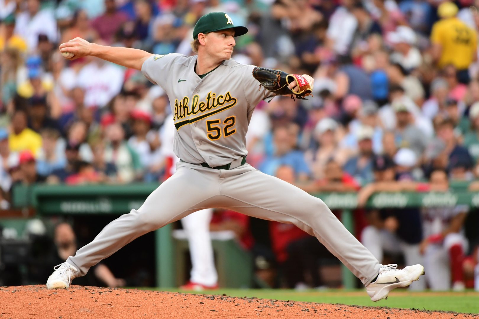 Athletics pitcher Seth Johnson pitches against the Boston Red Sox at Fenway Park