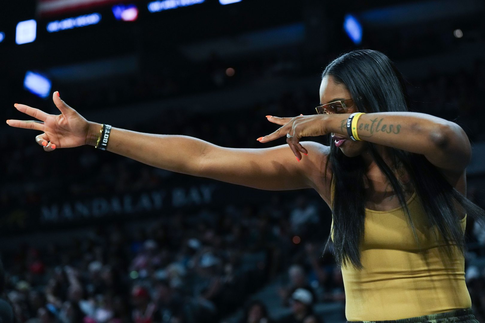 Las Vegas Aces forward Cheyenne Parker-Tyus celebrates Jewell Loyd’s three-point basket against the Washington Mystics