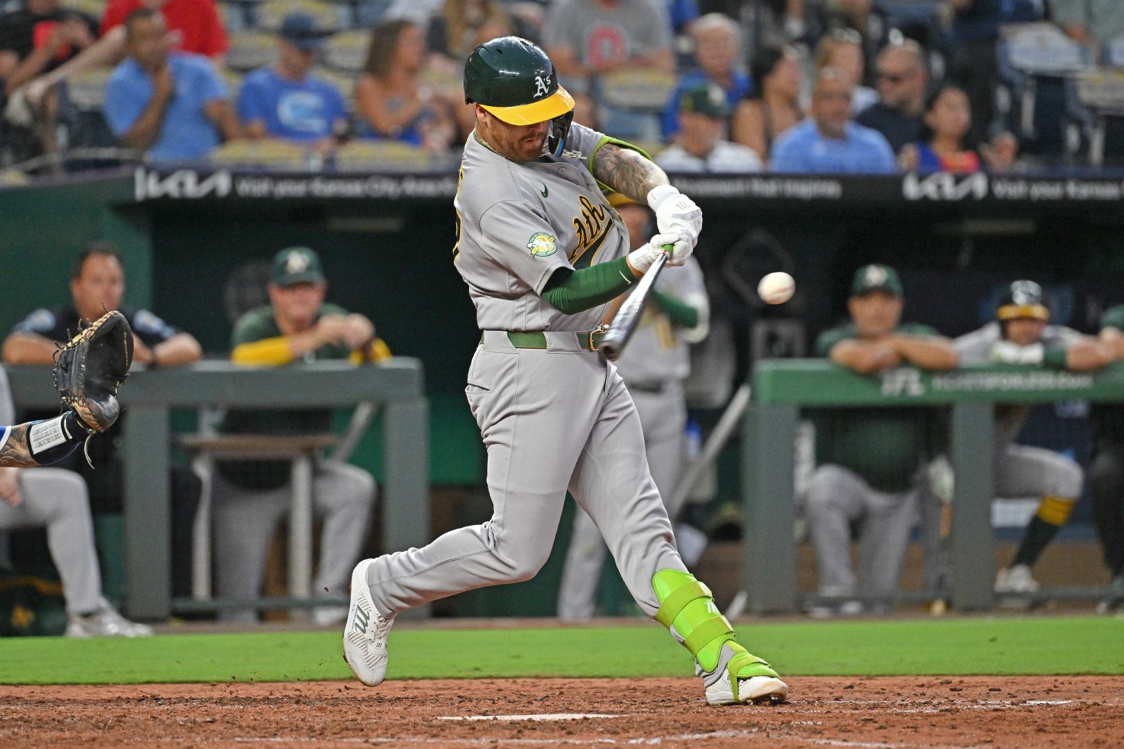 Athletics third baseman Tommy White hits a solo home run against the Kansas City Royals