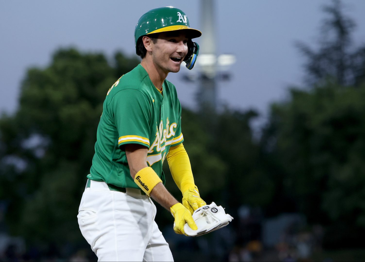 Athletics shortstop Alika Williams reacts after hitting a two-run triple against the Minnesota Twins
