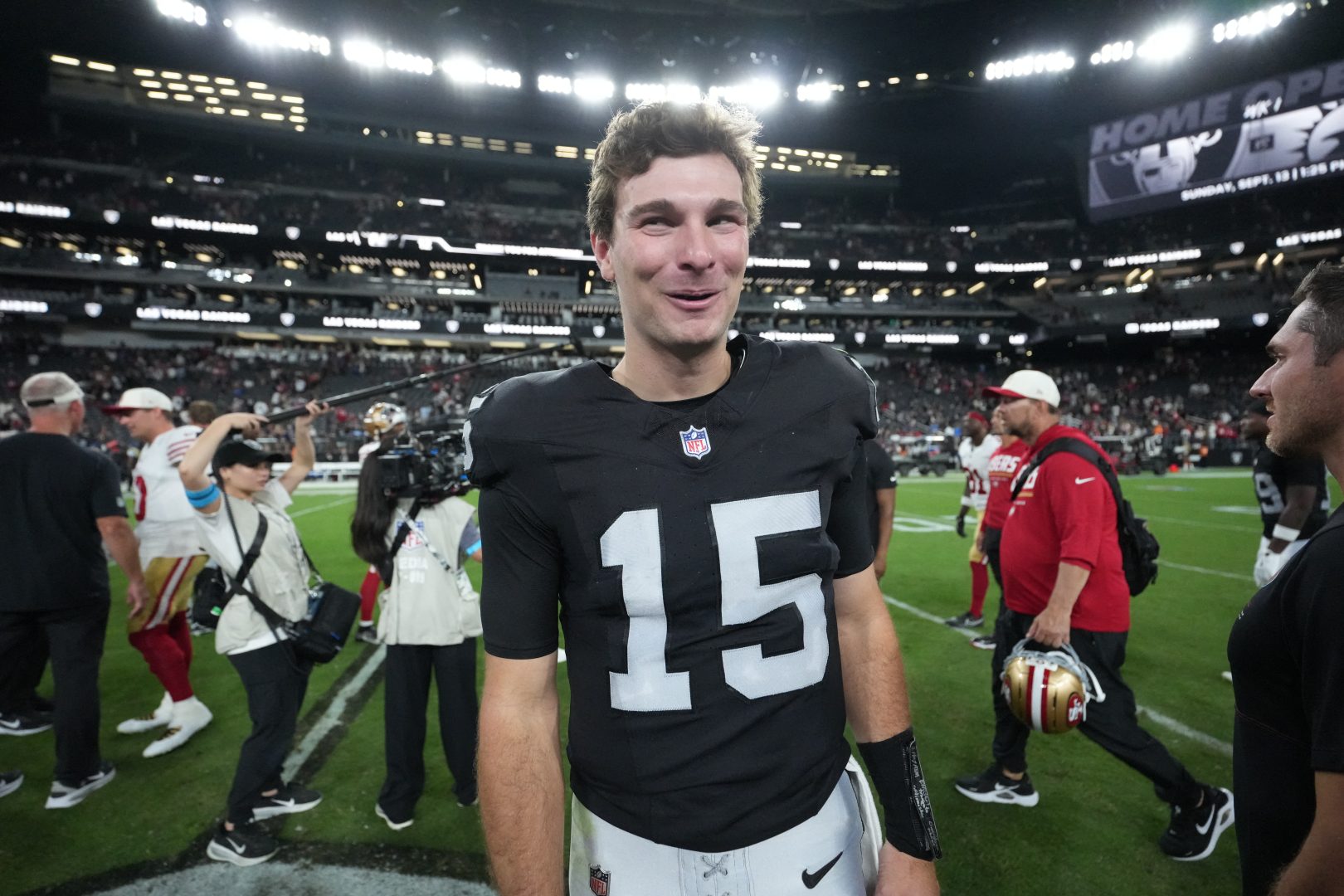 Las Vegas Raiders quarterback Fernando Mendoza reacts after a preseason game against the San Francisco 49ers