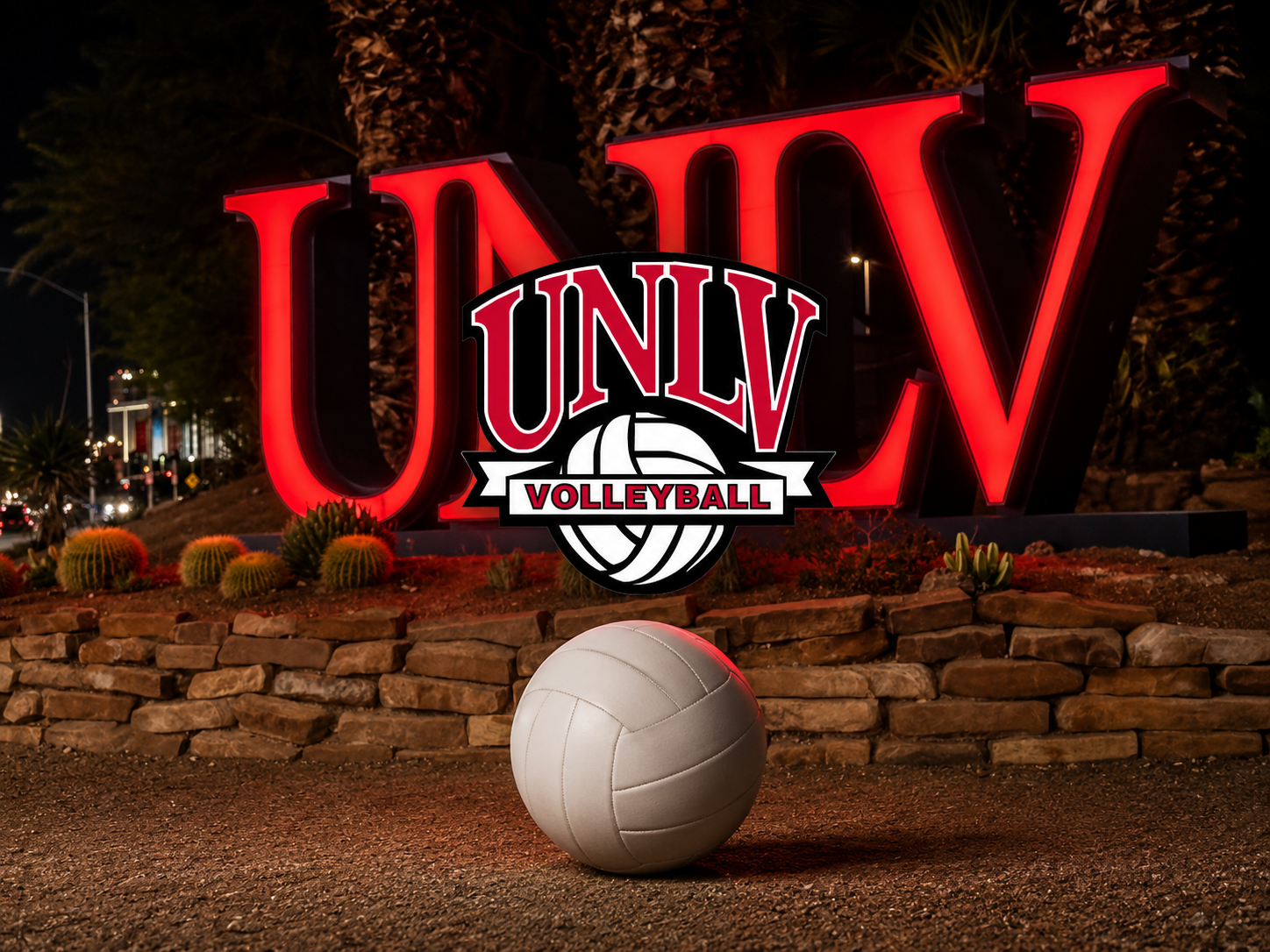 UNLV volleyball graphic with a volleyball in front of the UNLV sign