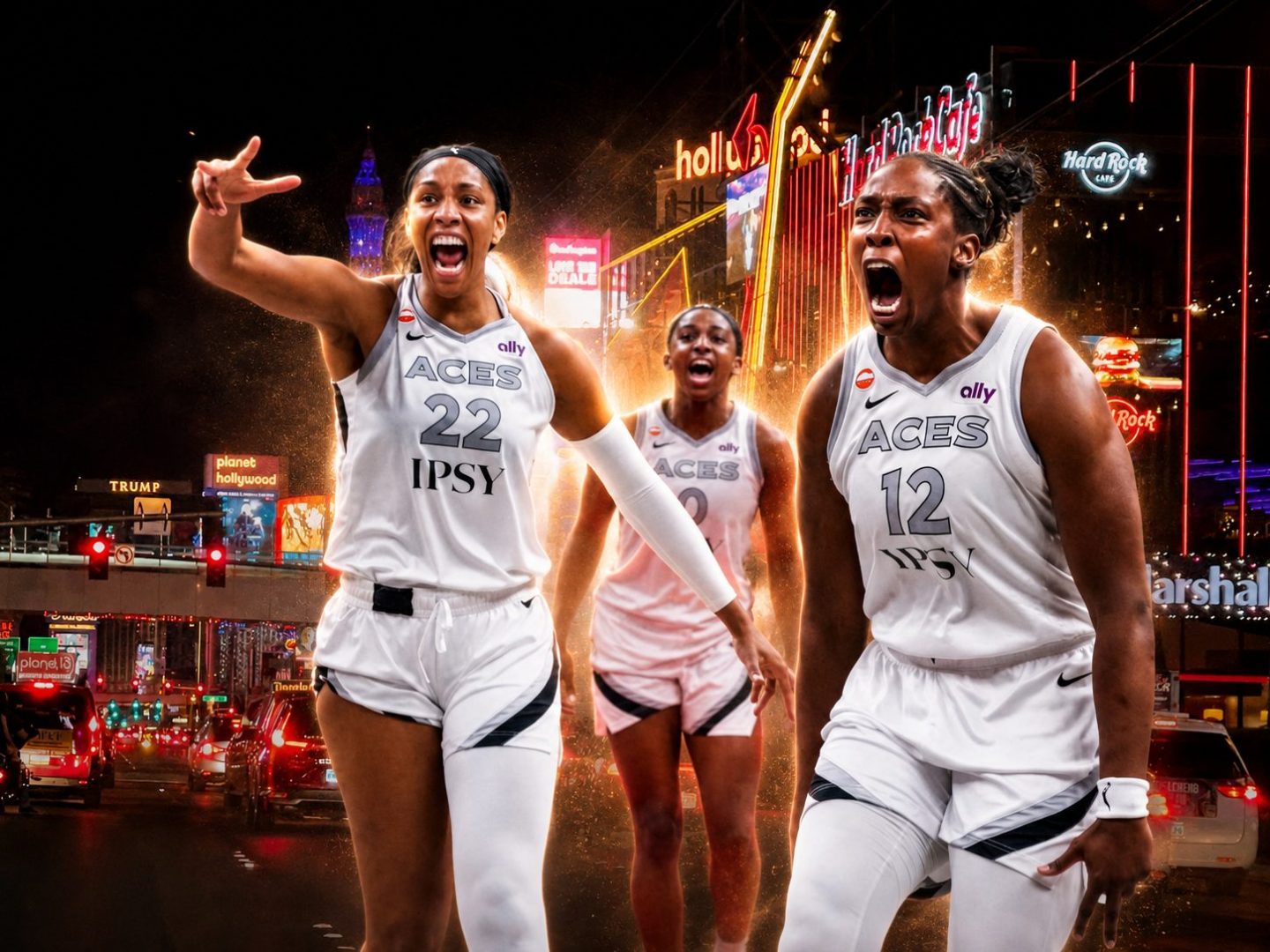 A'ja Wilson, Jackie Young and Chelsea Gray in front of the Las Vegas Strip for the Aces playoff push