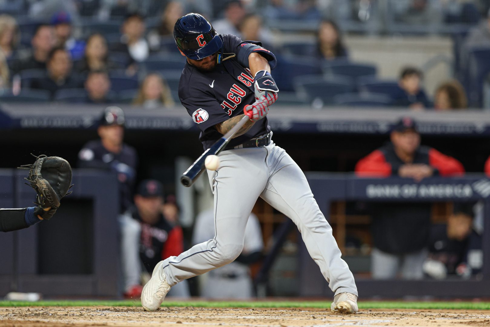 Cleveland Guardians catcher Bryan Lavastida singles against the New York Yankees