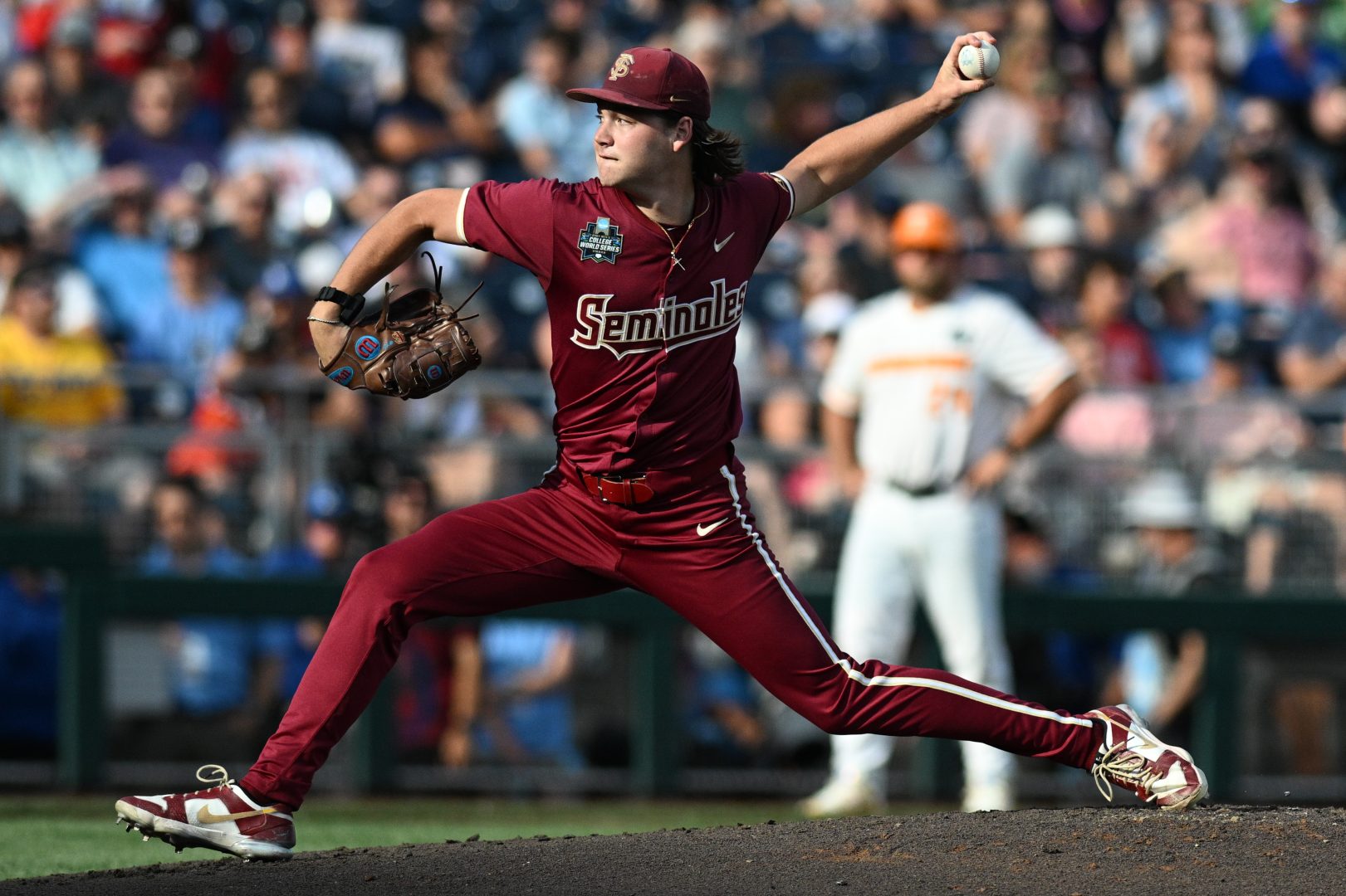 Florida State pitcher Jamie Arnold throws against Tennessee during the College World Series