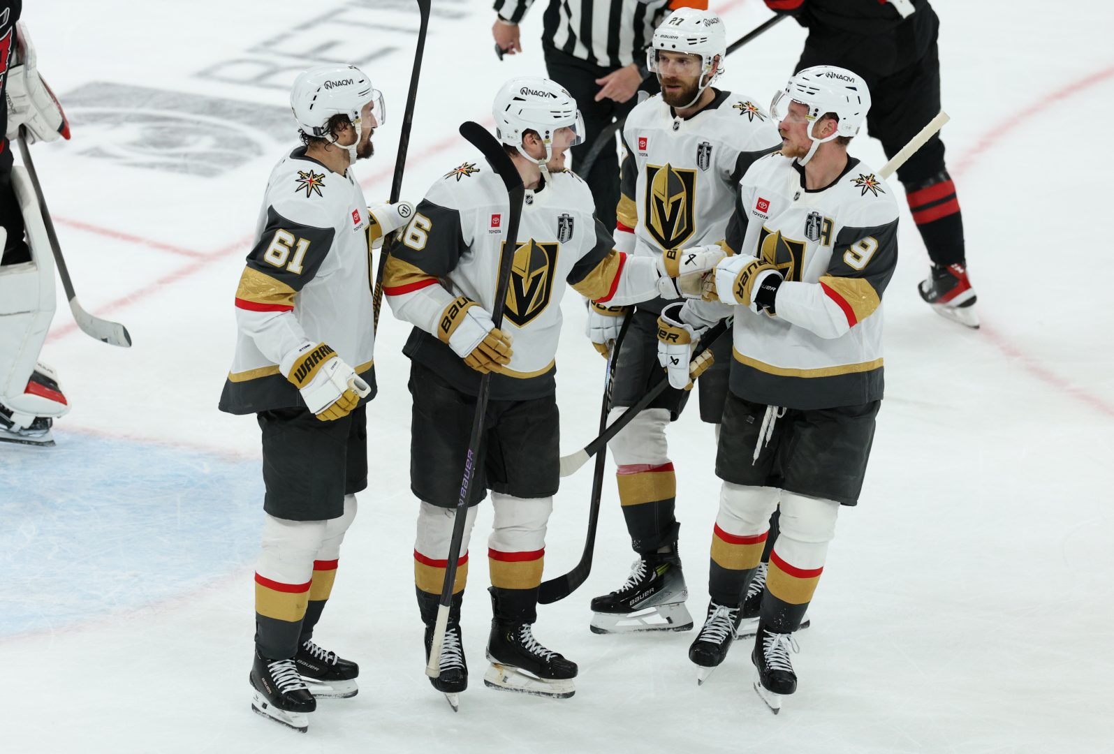 Vegas Golden Knights right wing Pavel Dorofeyev celebrates with teammates after scoring against the Carolina Hurricanes