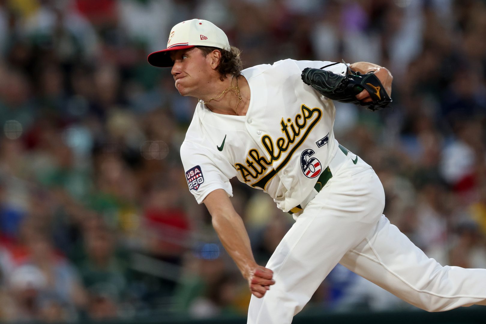 Athletics pitcher Kade Morris throws against the Miami Marlins