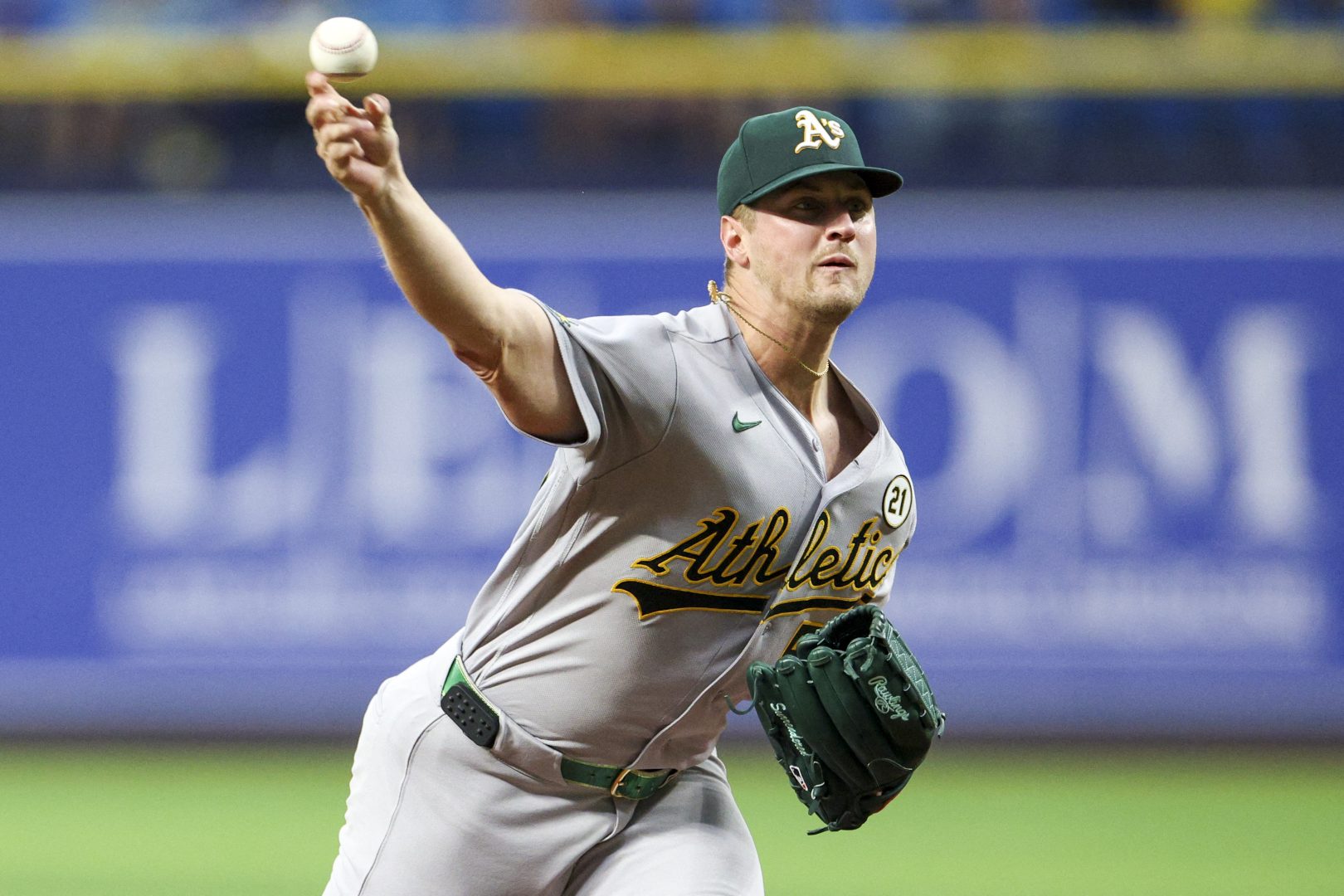 Athletics starting pitcher Jack Perkins throws against the Tampa Bay Rays