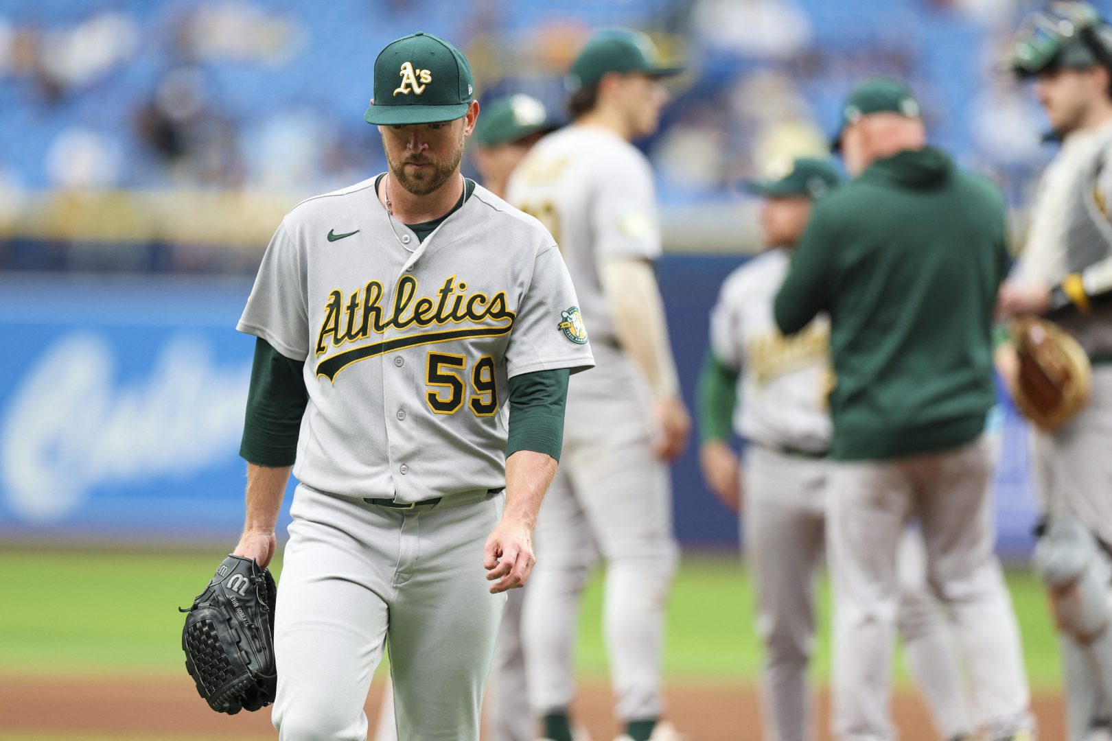 Athletics starting pitcher Jeffrey Springs leaves the game against the Tampa Bay Rays