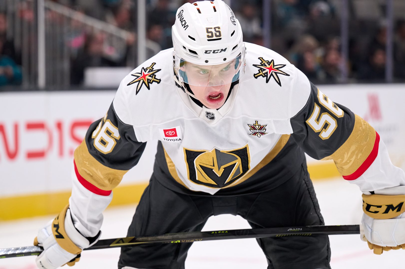 Vegas Golden Knights defenseman Juho Piiparinen looks on during a game against the San Jose Sharks