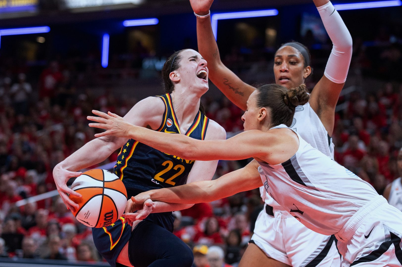 Indiana Fever guard Caitlin Clark shoots over Las Vegas Aces forward Stephanie Talbot during Game 2 of the WNBA Playoffs