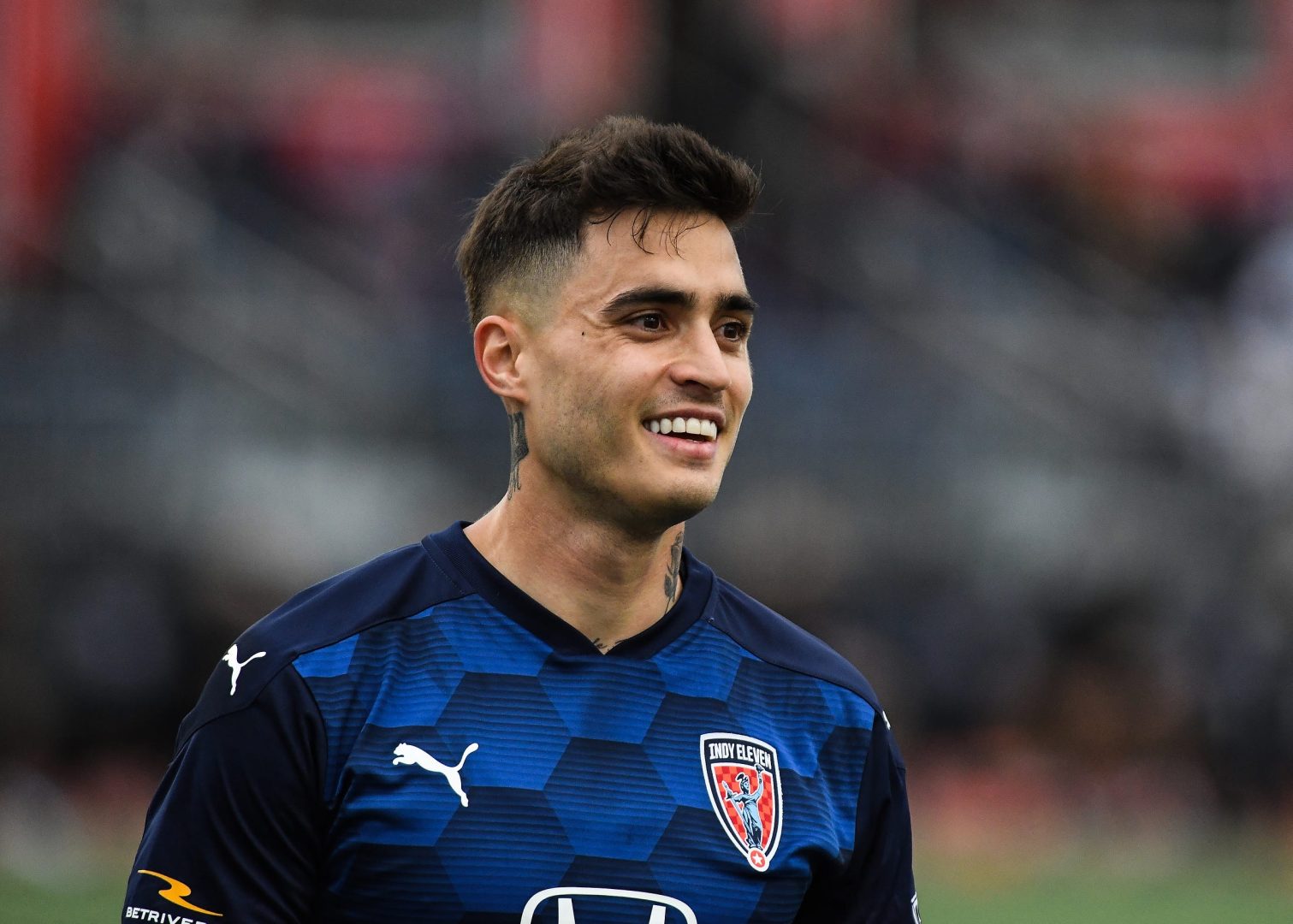 Manuel Arteaga plays for Indy Eleven during a 2021 match against FC Tulsa