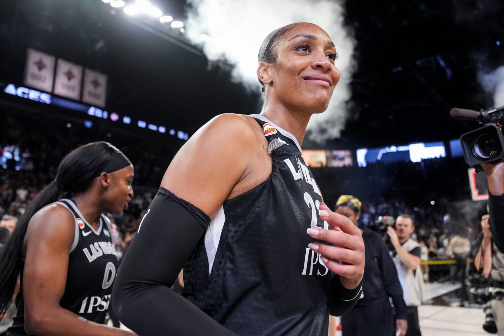 A'ja Wilson smiles after the Las Vegas Aces defeated the Indiana Fever in Game 3 at Michelob ULTRA Arena