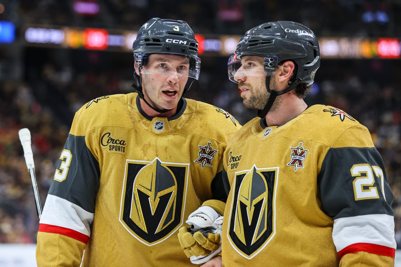 Vegas Golden Knights defensemen Brayden McNabb and Shea Theodore skate against the Chicago Blackhawks