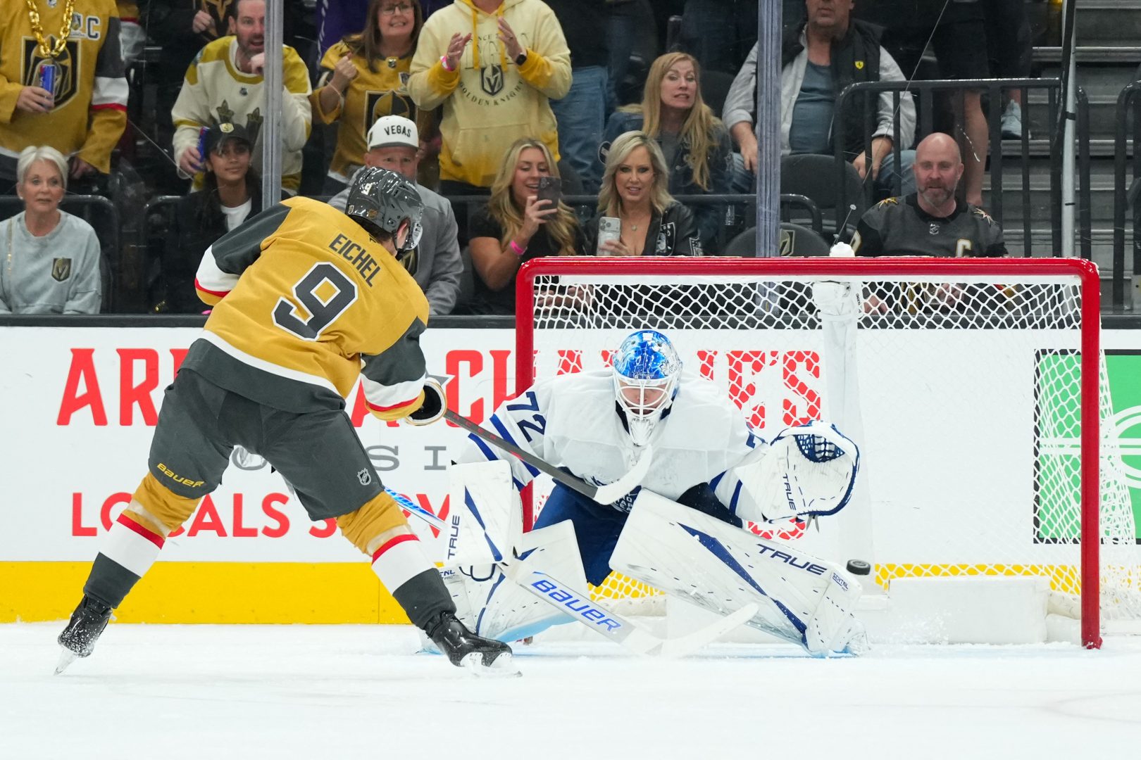 Vegas Golden Knights center Jack Eichel scores on a penalty shot against Toronto Maple Leafs goaltender Sergei Bobrovsky