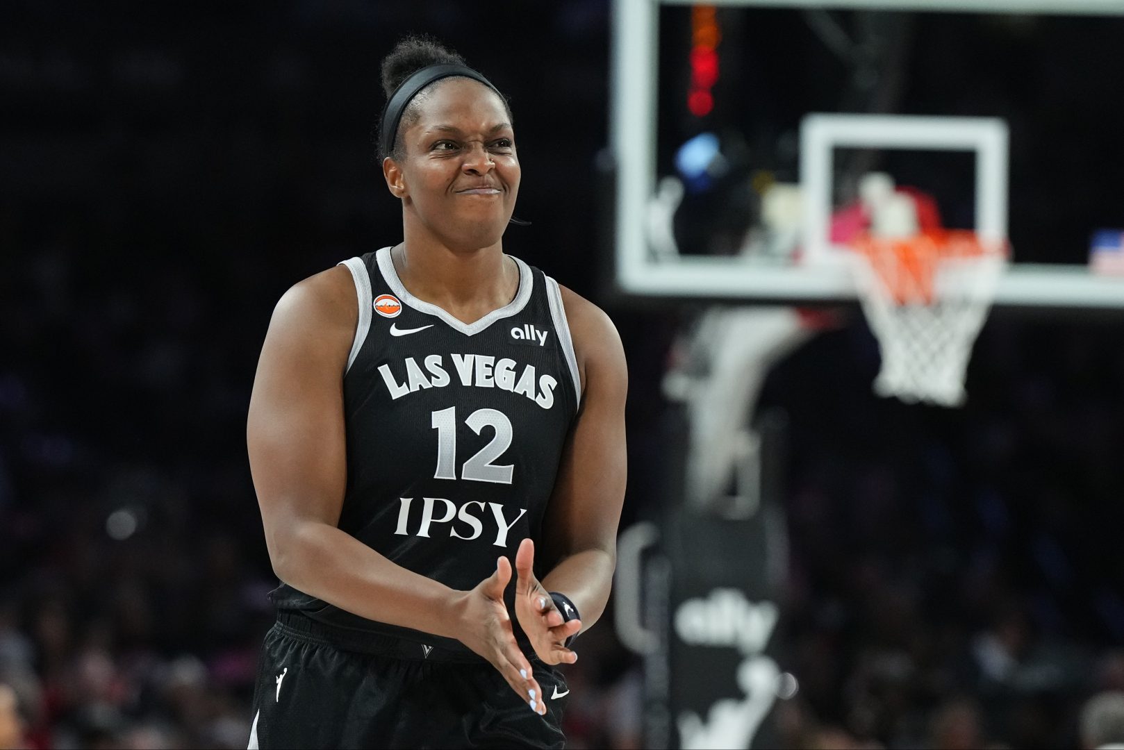 Las Vegas Aces guard Chelsea Gray reacts during Game 3 against the Golden State Valkyries at Michelob ULTRA Arena.