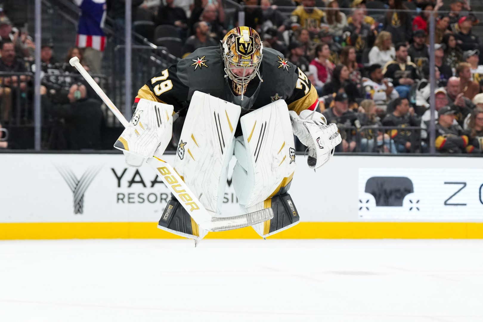 Vegas Golden Knights goaltender Carter Hart jumps before overtime against the Los Angeles Kings at T-Mobile Arena.